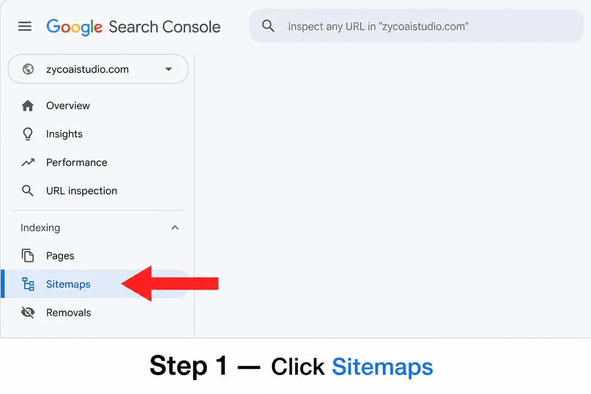 Google Search Console left menu with Sitemaps highlighted