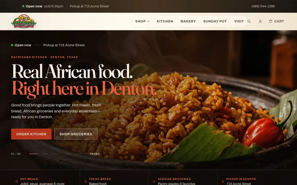 Screenshot of Dafricana (dafricana.andinetmn.workers.dev) — Grocery & restaurant concept build built by Zyco AI Studio