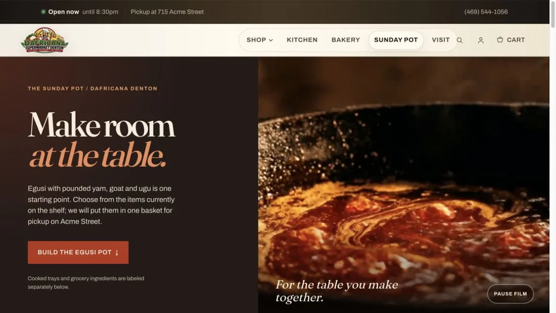 Dafricana website detail showing the Sunday Pot meal builder