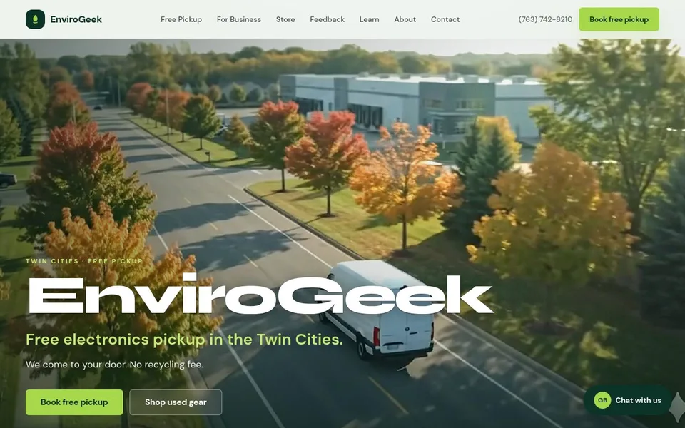 EnviroGeek website. Free electronics recycling in the Twin Cities, built by Zyco AI Studio