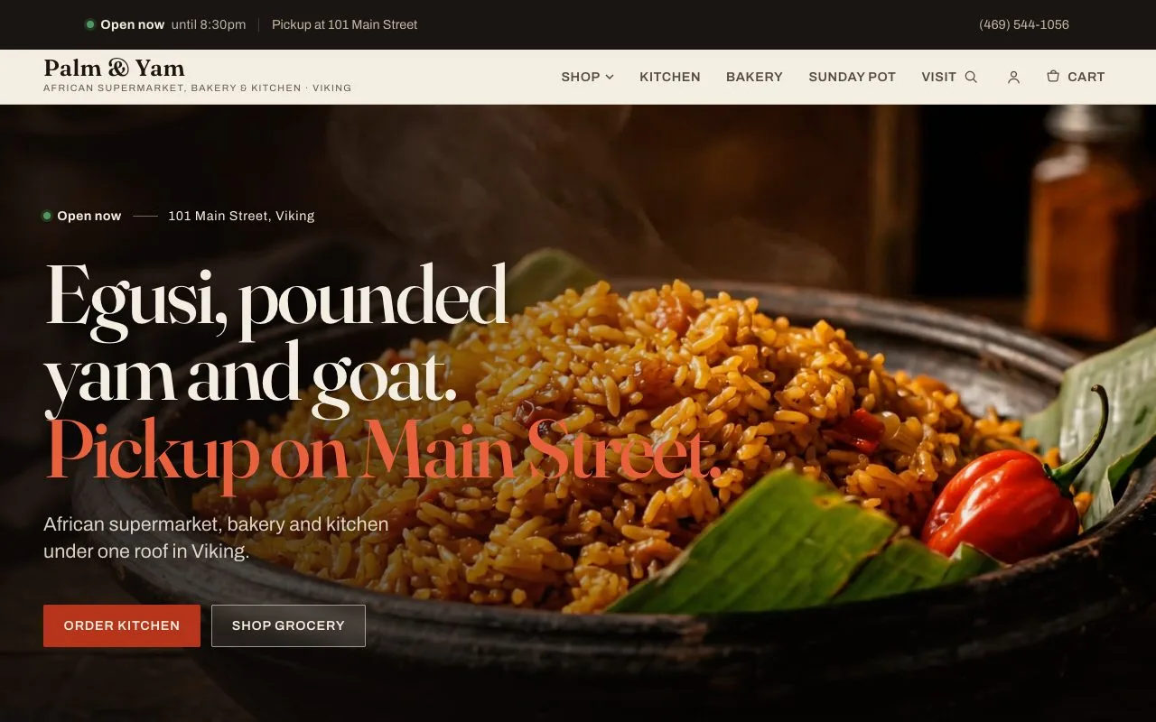 Palm & Yam website hero — African supermarket, bakery and kitchen with pickup ordering