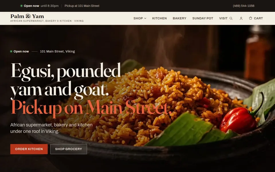Screenshot of Palm & Yam (palmandyam.andinetmn.workers.dev) — Grocery & kitchen concept build built by Zyco AI Studio