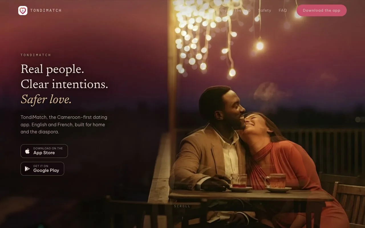 TondiMatch website hero — Cameroon-first dating app, built by Zyco AI Studio