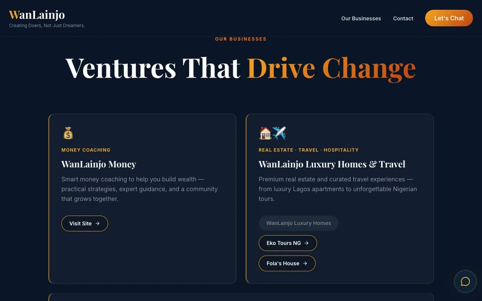 Screenshot of WanLainjo (wanlainjo.com) — Multi-Business Hub website built by Zyco AI Studio